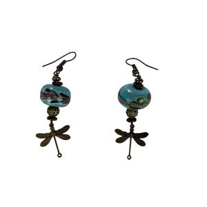 Hand Painted Porcelain Bead Drop Earrings with Dragonfly